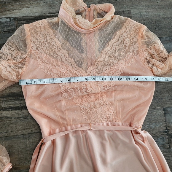 Vintage 70s Victorian Style Lace Swiss Dot High Neck Long Sleeve Coctail Dress - Picture 11 of 14